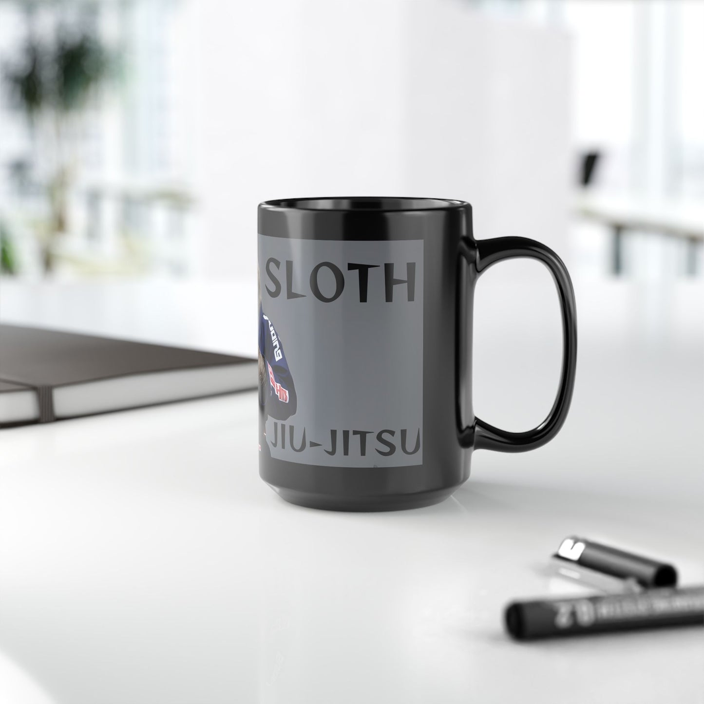 Sloth Sports Black Mug, 15oz Coffee Cup, Funny Sloth Mug, Jiu Jitsu Gift, Unique Drinkware for Coffee Lovers, Gifting for Holidays